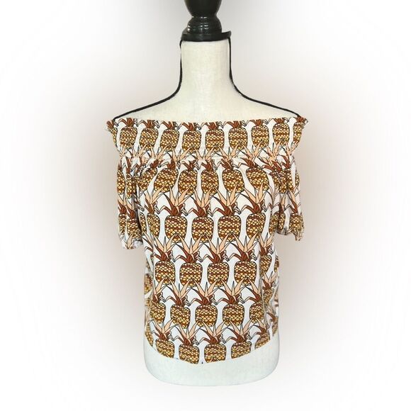 Anthropologie Cottagecore Off Shoulder Pineapple Bow Back Smocked Top Boho S - Picture 4 of 8